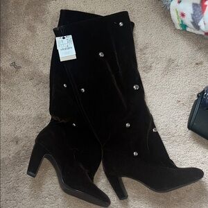 Zara Black Velvet Heeled Boots with Silver Accents